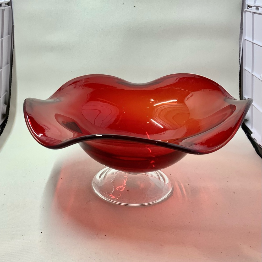 Ruby Red Glass Ruffled Pedestal Bowl / Compote